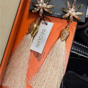 Sequin handmade artisan crystal flower silk Cream Tassel gold clip on Earrings